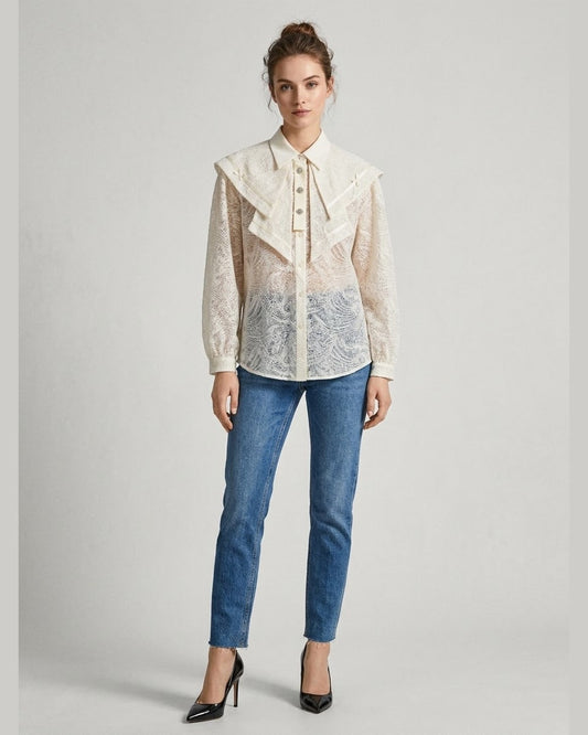IVORY LACE | Ruffle-Detail Lace Shirt
