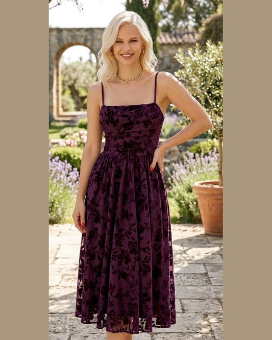 VELVET PLUM | Floral Velvet Midi Dress