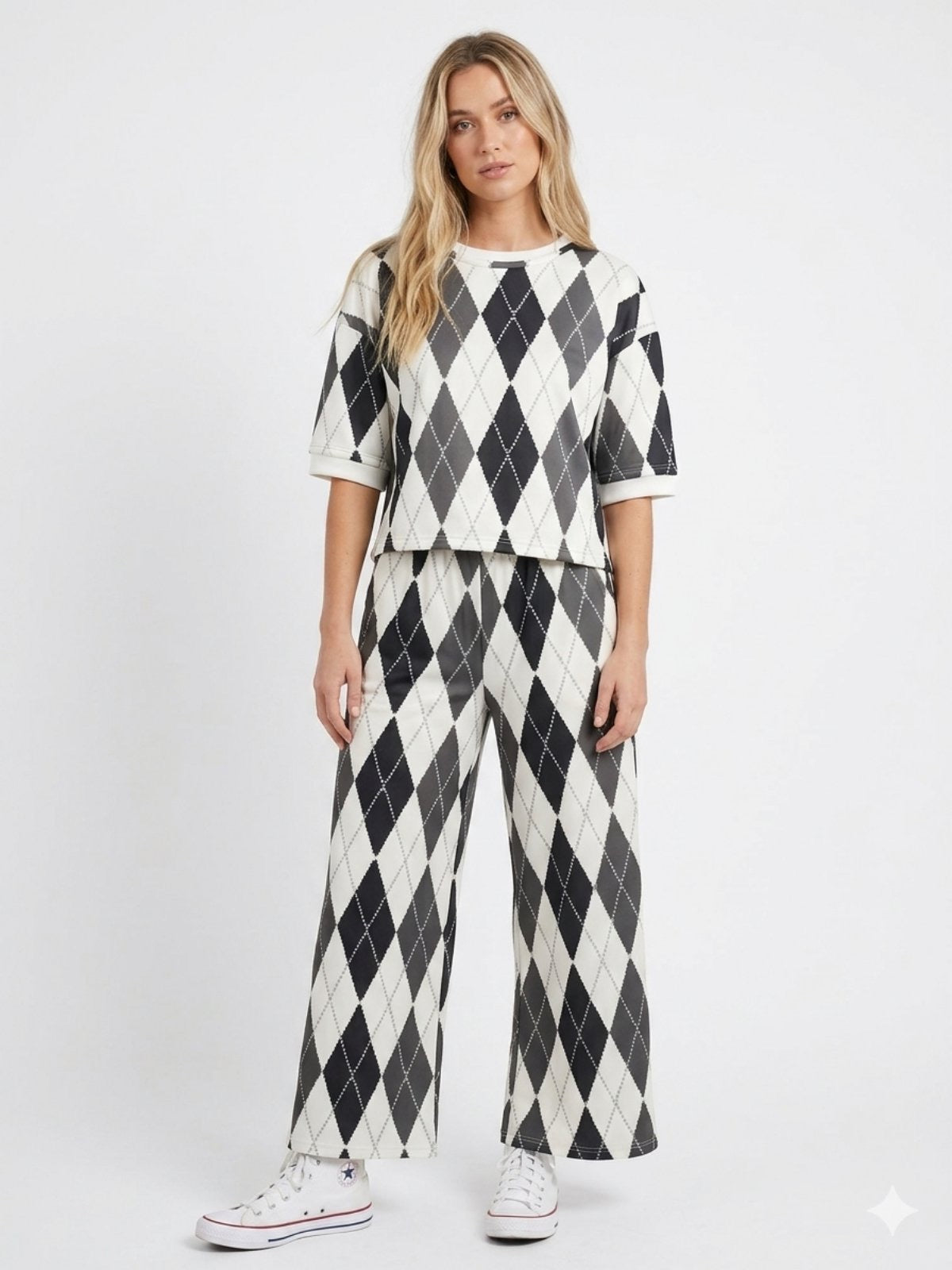 ARGYLE VISCOSE SET | Retro Top & Wide-Leg in Baby Blue & Pistachio