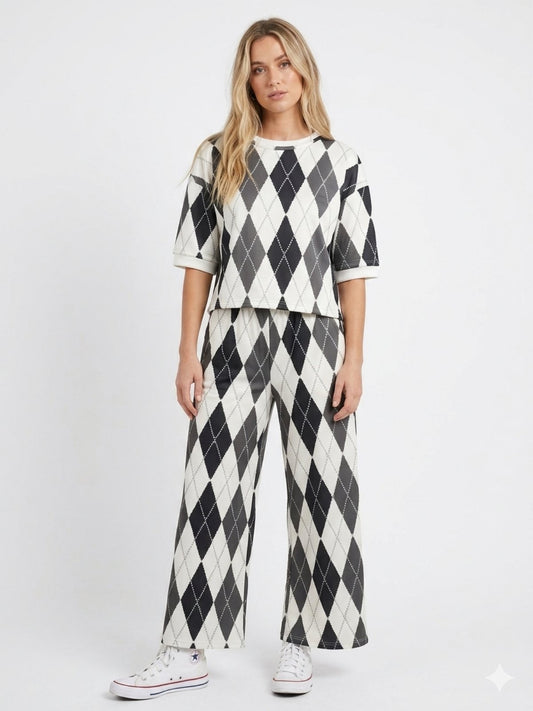 ARGYLE VISCOSE SET | Retro Top & Wide-Leg in Baby Blue & Pistachio