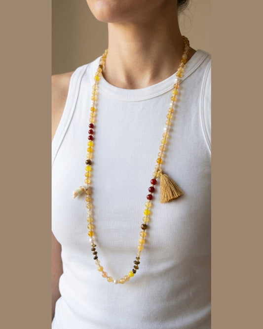 ELIRA BOHO NECKLACE | Yellow & Burgundy Stone Tassel Necklace