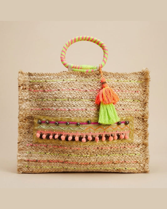 IONIAN STRAW CLUTCH BAG | Straw Bag with Fluo Details