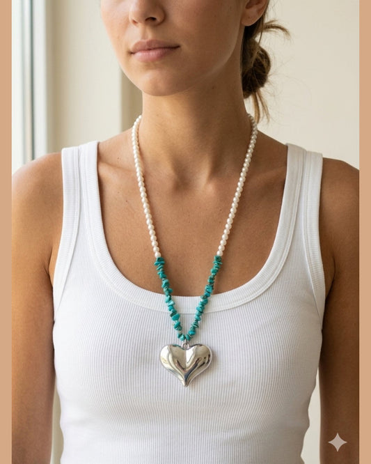 HEART PEARL NECKLACE | Silver Heart with Pearls & Azur Stones