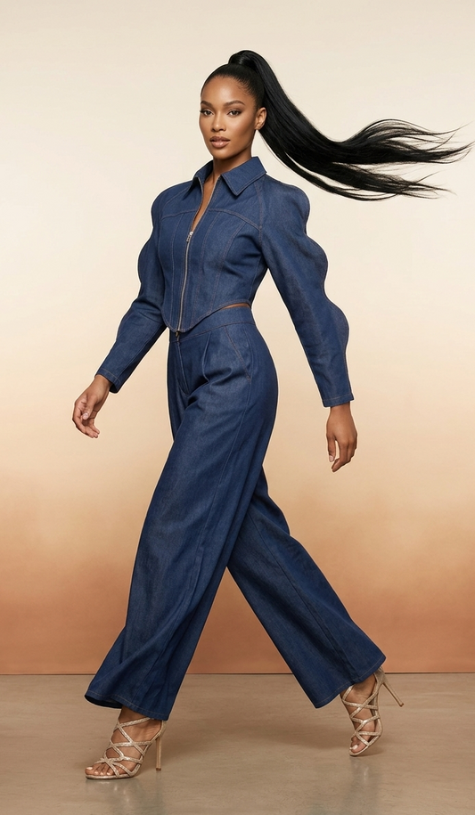 WAVE DARK BLUE SET | Dark Blue Wave-Sleeve Zip Top & Trousers