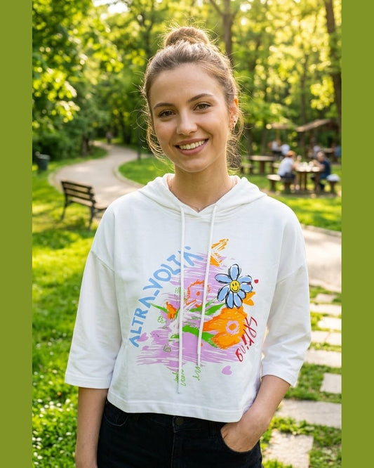 BLOOM | White Graphic Hooded Top