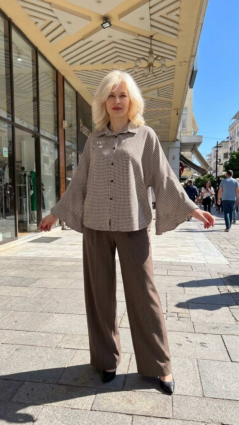 HAZEL | Brown Check Wide Sleeve Shirt