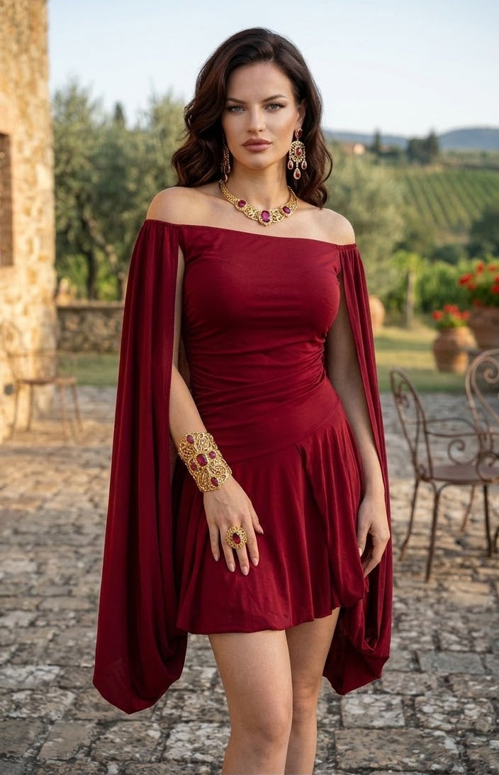 BURGUNDY | Off Shoulder Cape Mini Dress