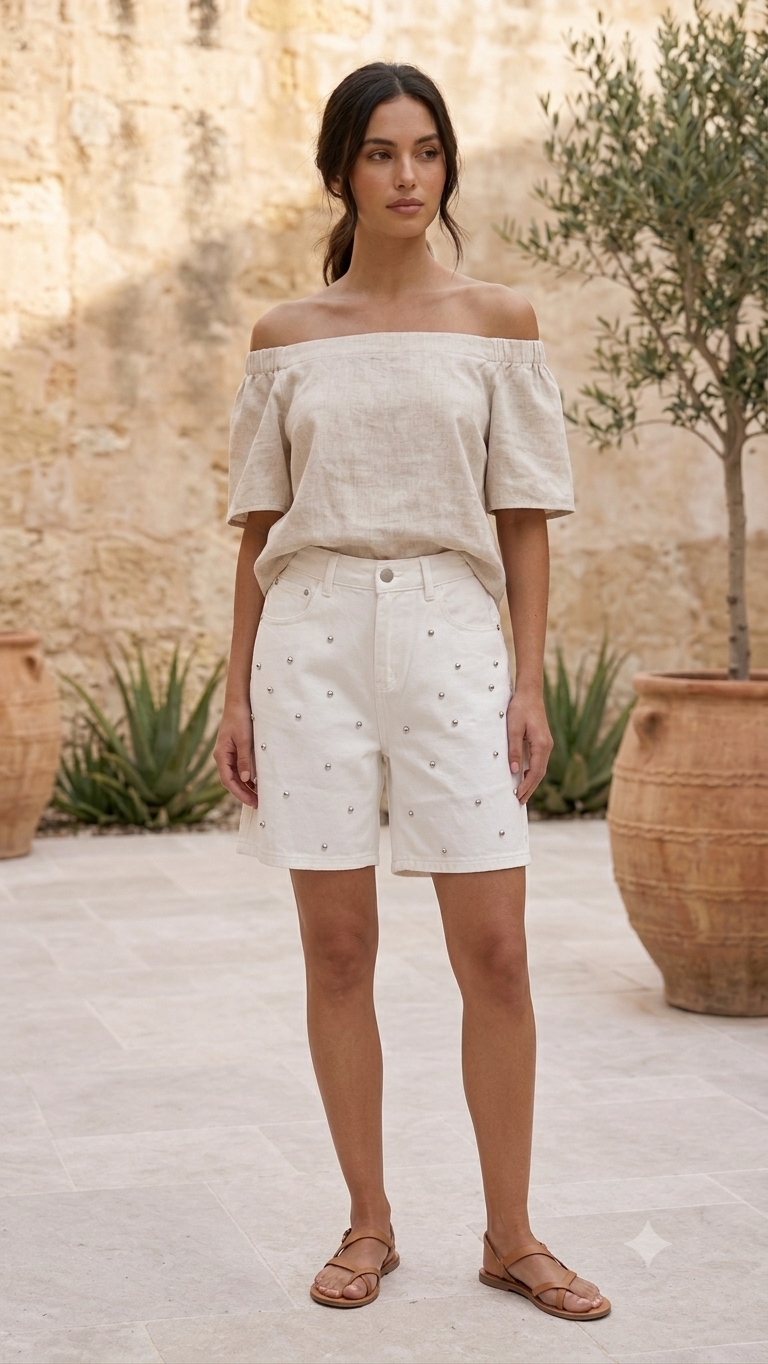 WHITE STUDDED BERMUDA SHORTS – Size M