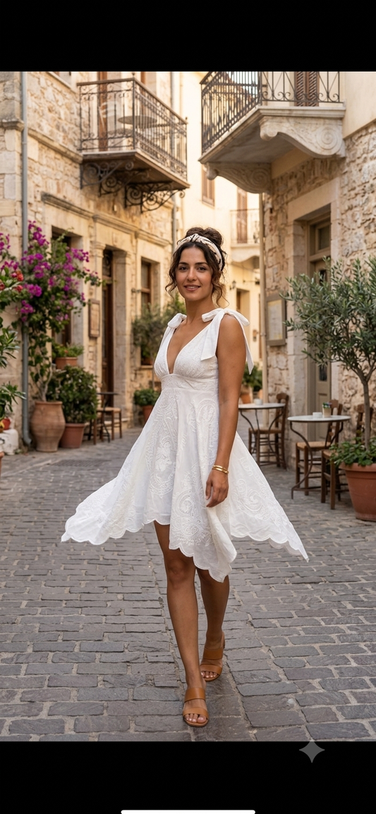 WHITE BRODERIE MINI DRESS – Deep V-neck, scallop hem & bow shoulders – One size
