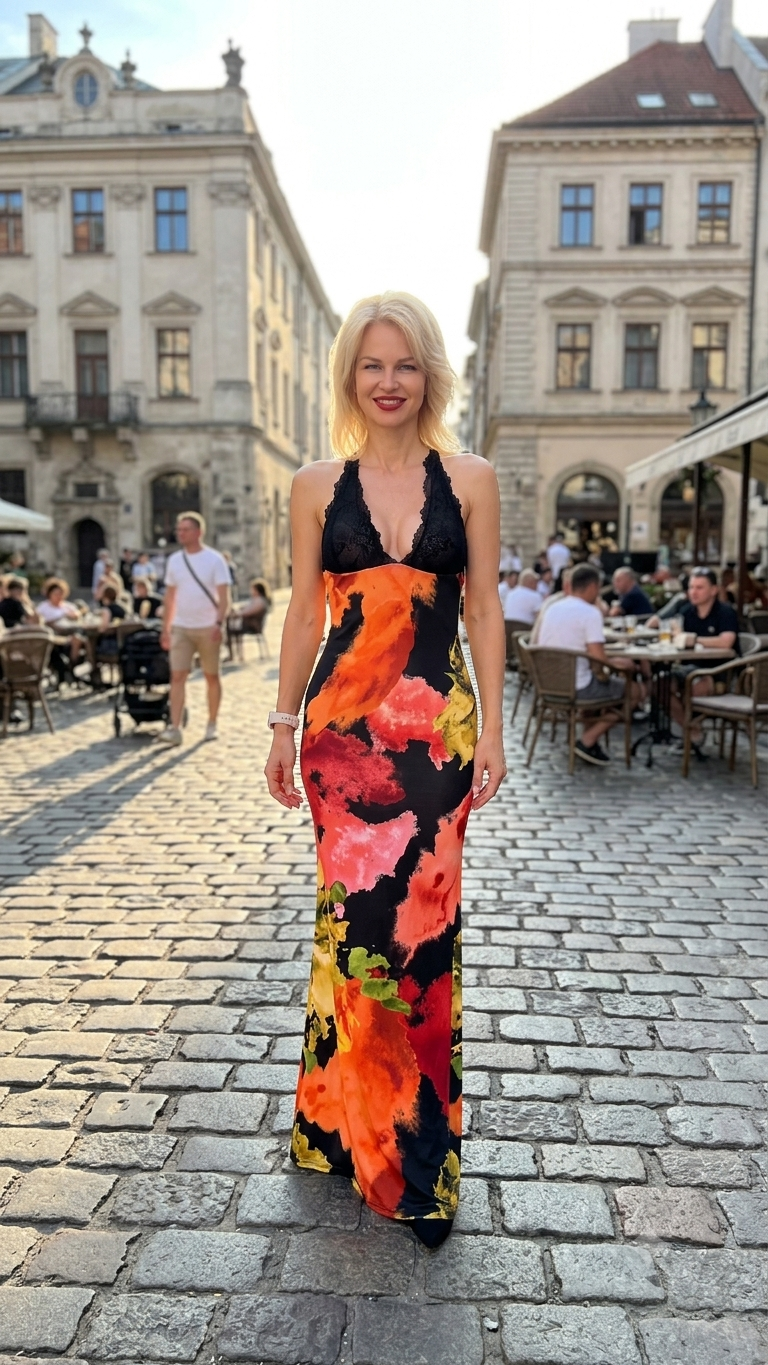 BLACK FLORAL MAXI DRESS – Lace bodice, cross-back straps & red floral print – One Size