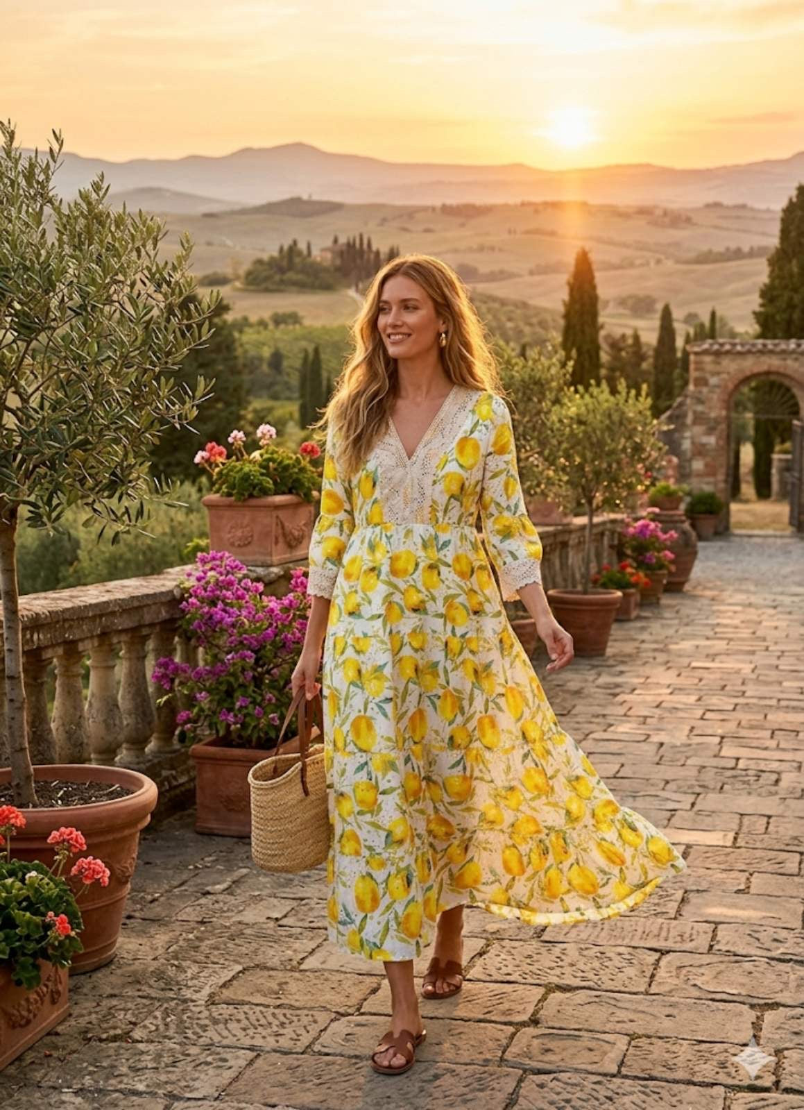 POSITANO MAXI DRESS – Lemon print, V-neck & broderie details – One Size