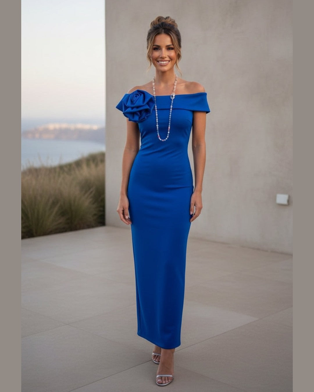 SANTORINI DRESS – Royal Blue Off-Shoulder Maxi Dress with Ruffle – One Size