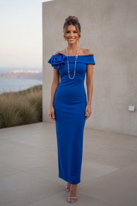 SANTORINI DRESS – Royal Blue Off-Shoulder Maxi Dress with Ruffle – One Size