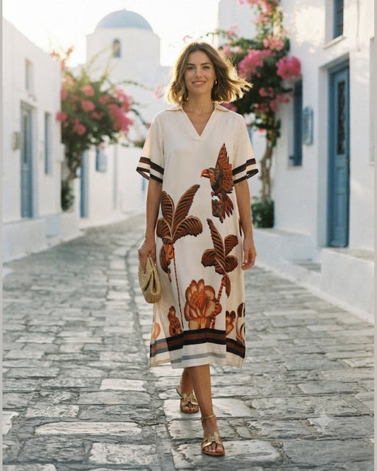 NAXOS DRESS – Cream Tropical Bird & Botanical Print Midi Dress – One Size