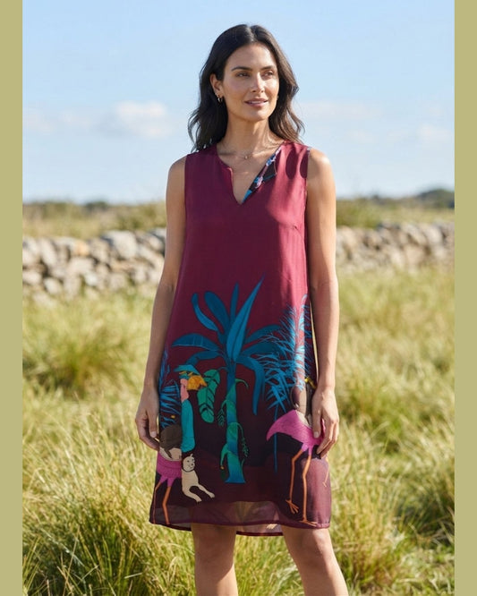 MANI DRESS – Burgundy Tropical Art Print Mini Dress – One Size
