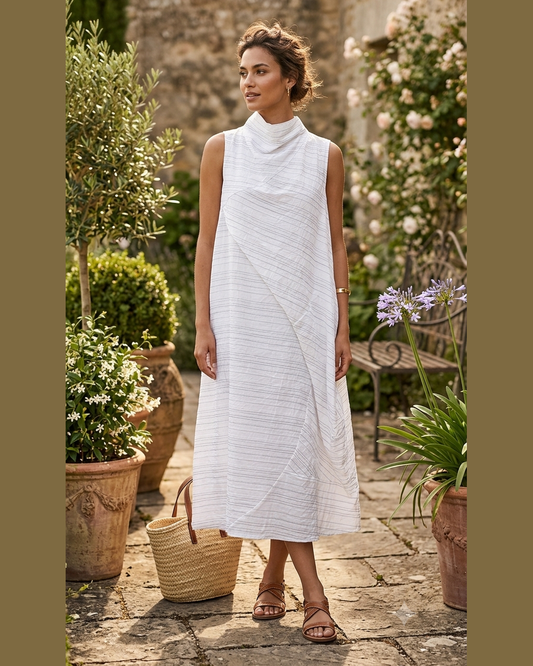 ATHENA DRESS – White & Black Pinstripe Turtleneck Midi Dress – One Size