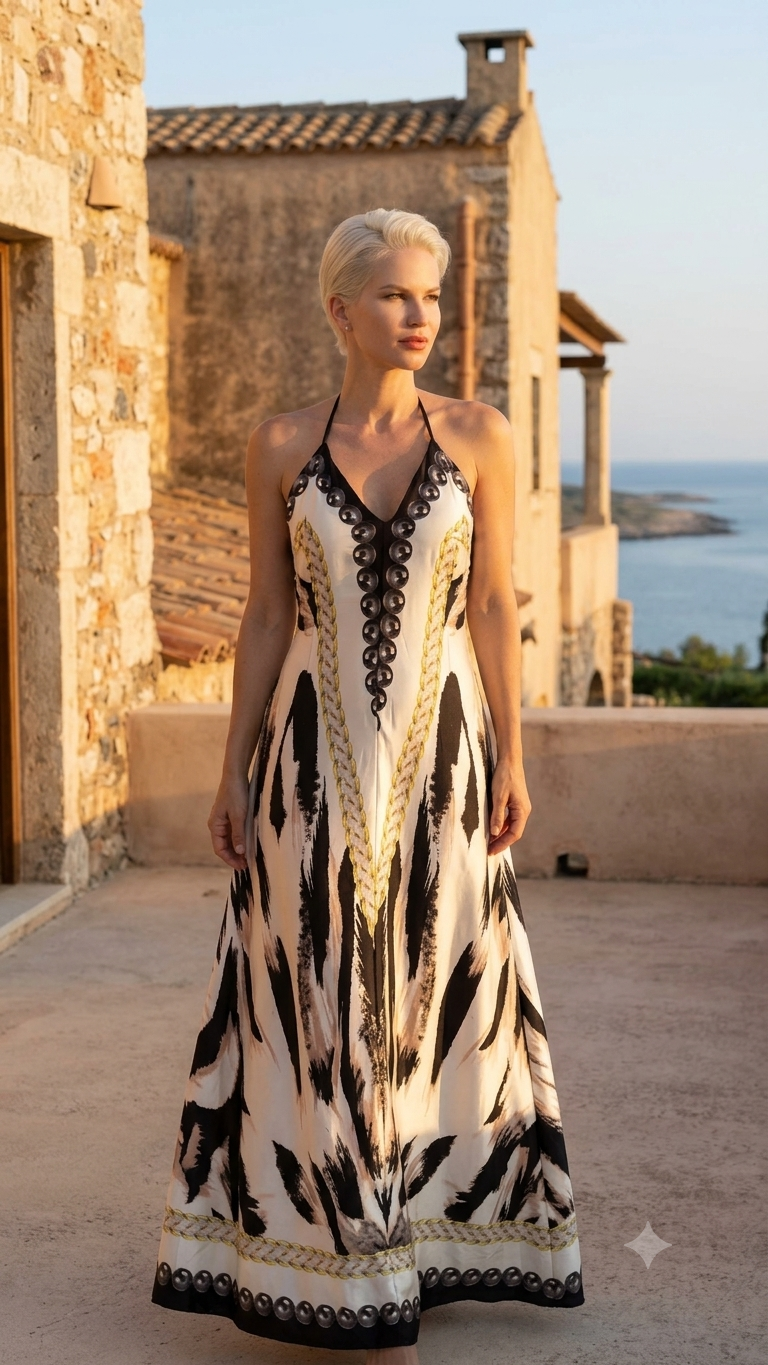 LINDOS DRESS – Cream & Black Feather Print Halter Maxi Dress with Gold Braid Detail – One Size