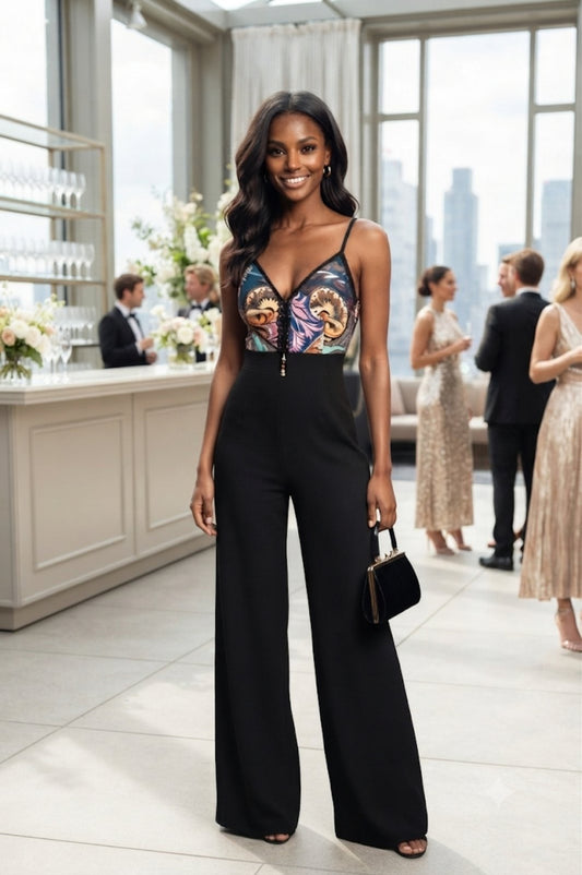 FIESTA JUMPSUIT – Black Wide-Leg Floral Bustier Jumpsuit – One Size