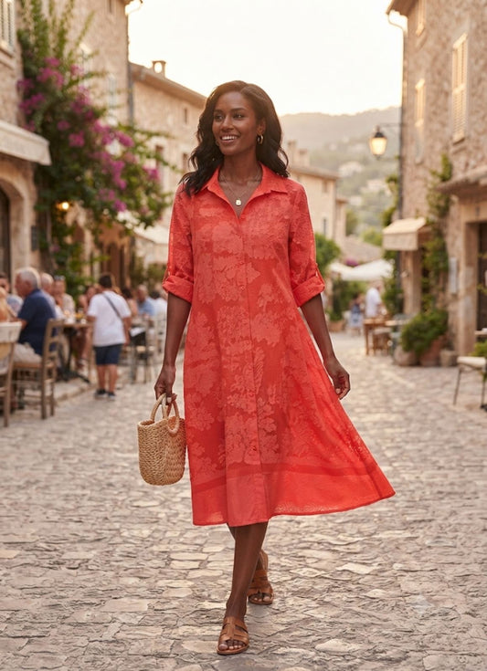 WATERMELON DRESS – Coral Red Floral Jacquard Midi Shirt Dress – One Size