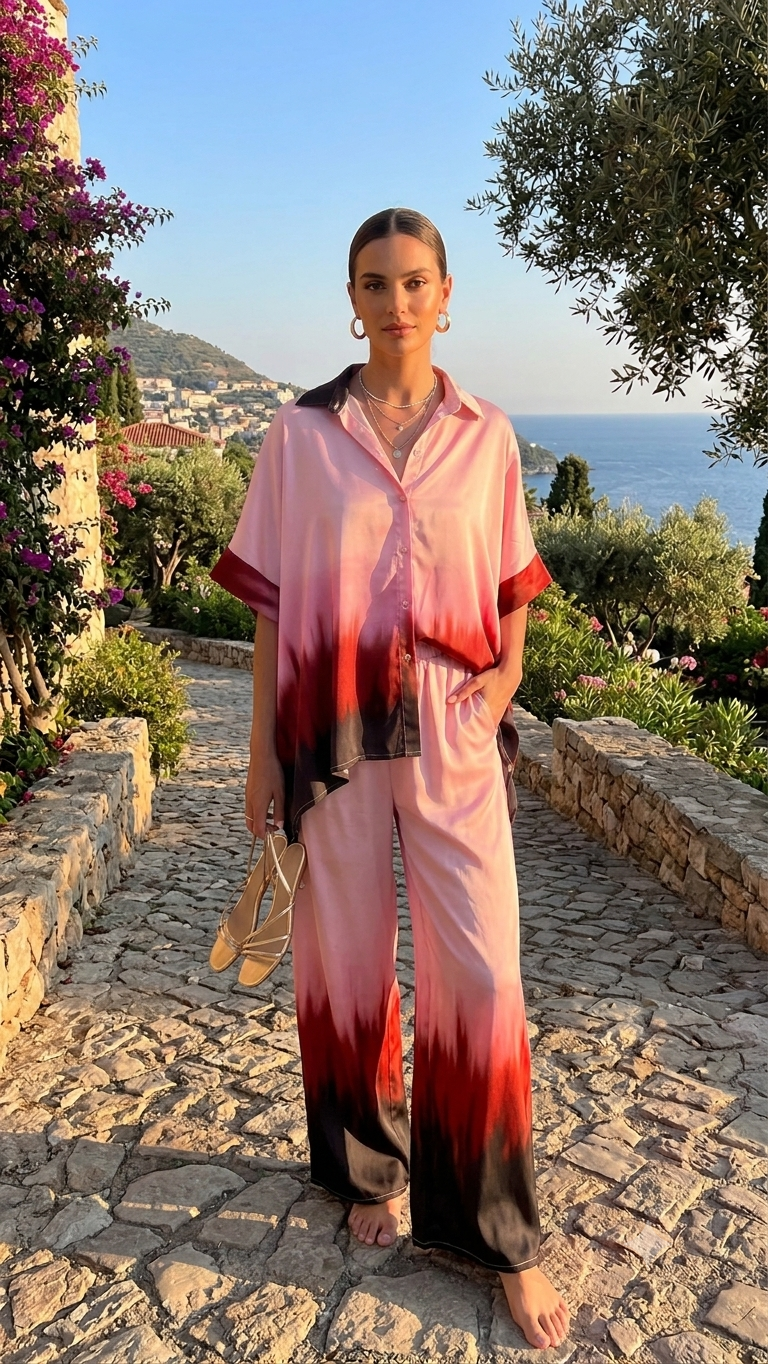 FIRE SET – Pink Ombre Tie-Dye Satin Shirt & Wide-Leg Trousers Set – One Size