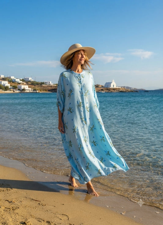 AEGEAN KAFTAN – Sky Blue Ditsy Floral Maxi Kaftan with 3/4 Sleeves – One Size