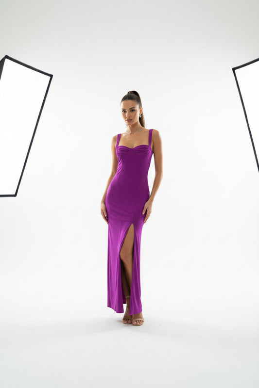 MAGENTA MAXI DRESS | Μωβ Φόρεμα με Ruched Μπούστο & Σκίσιμο