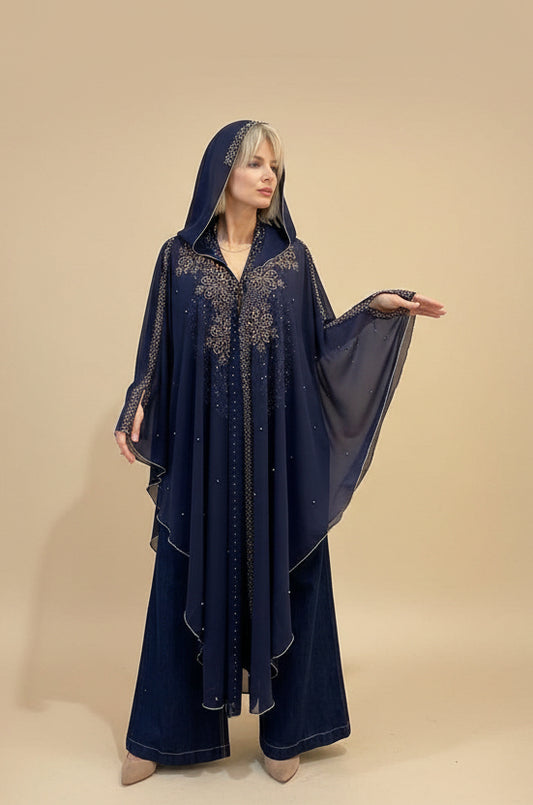 MIDNIGHT JEWEL KAFTAN | Μπλε Διάφανο Καφτάν με Κουκούλα & Χρυσά Τρουκς