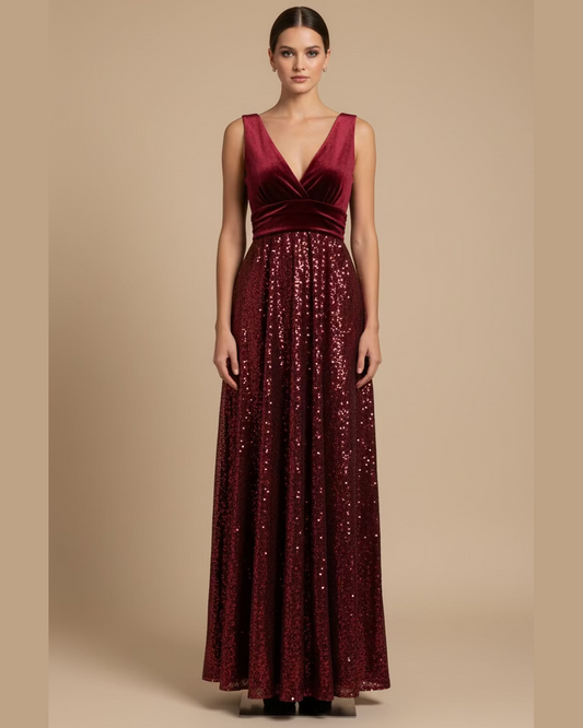 VELVET SEQUIN MAXI RED DRESS | Κόκκινο Maxi Βελούδο & Παιγιέτα