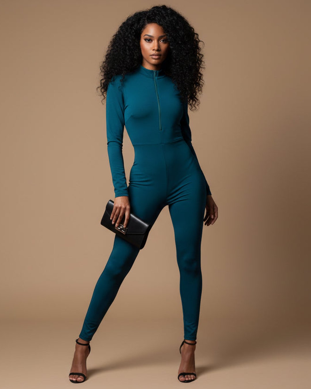 ZIP FRONT JUMPSUIT | Πετρόλ Slim-Fit Ολόσωμο με Turtleneck
