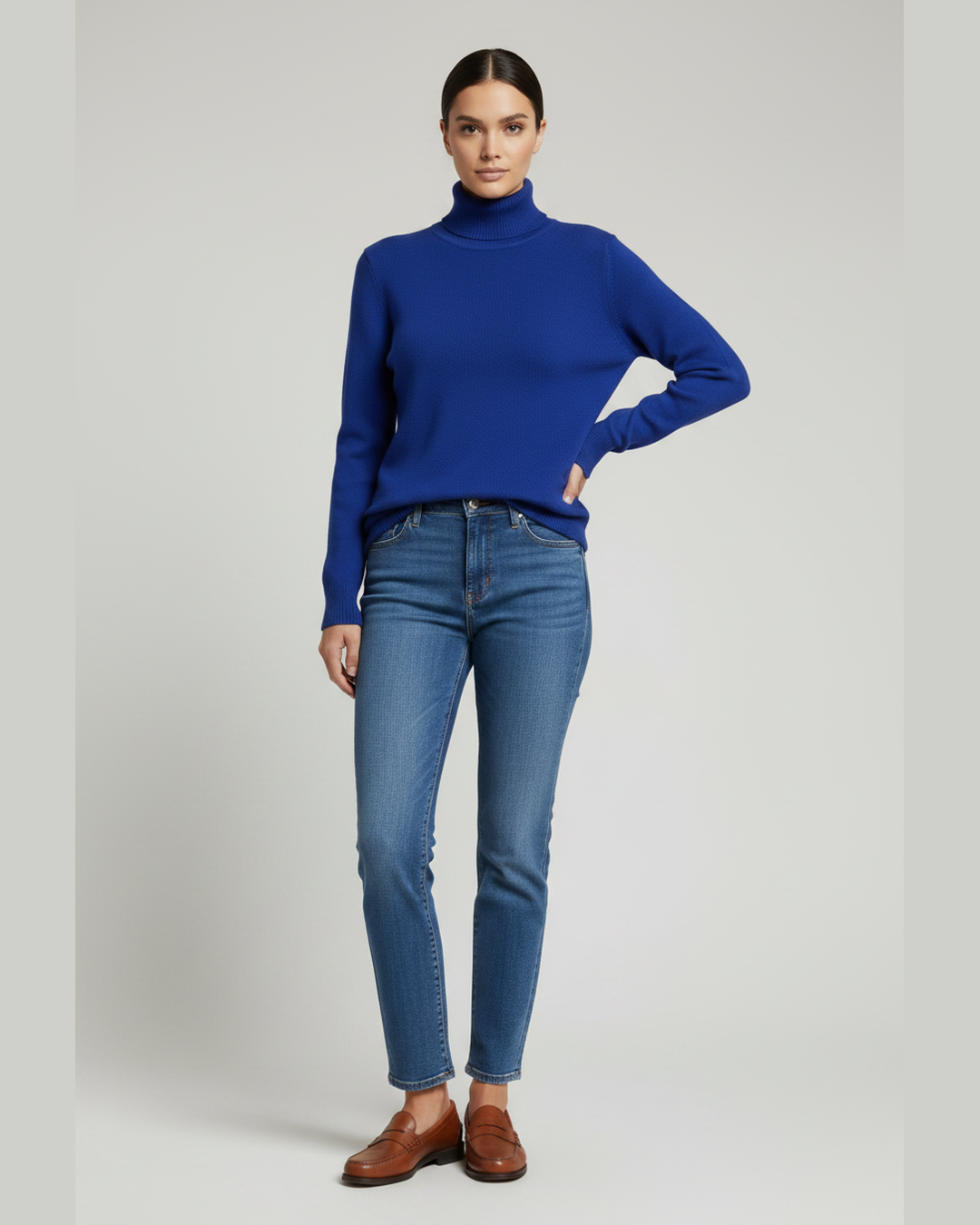 Royal Blue Turtleneck Sweater with jeans and loafers