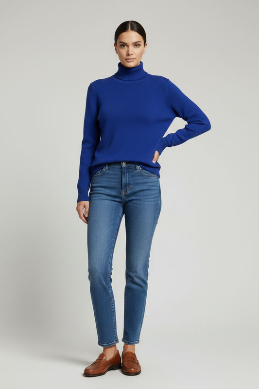 Royal Blue Turtleneck Sweater with jeans and loafers