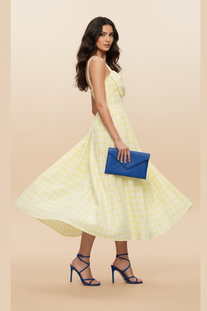 CHECKERED MIDI DRESS - yellow gingham strapless midi dress with bow