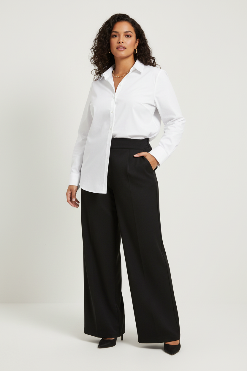 Plus Size Model - Black Classic Pants with White Shirt